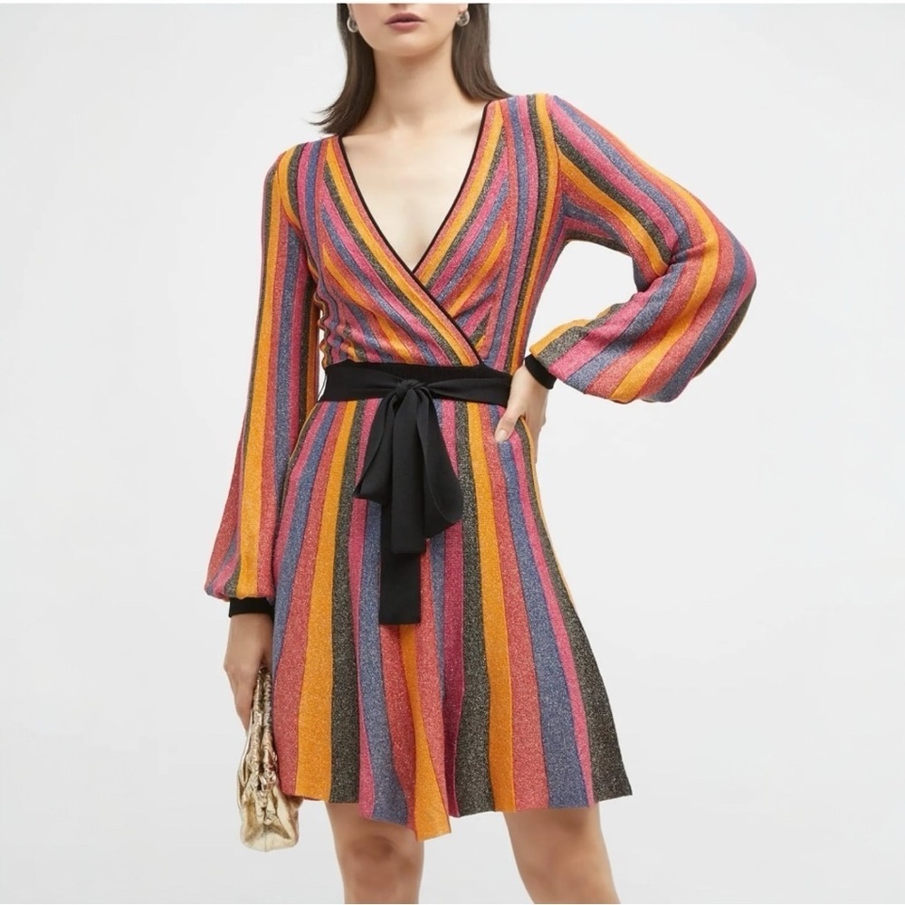 Rebecca Vallance Marsha Metallic Knit Wrap Long Sleeve Cocktail Mini Dress NEW - Picture 6 of 14